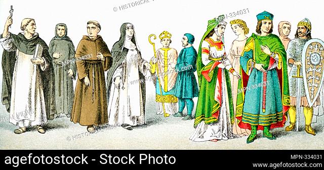 The figures pictured here represent Italians around A. D. 1200. . They are, from left to right: Black friar (mendicant preacher)