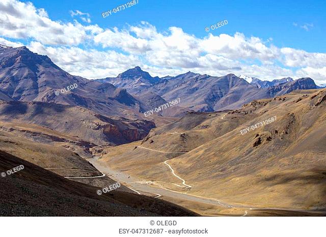 View of Leh Manali highway road on Himalayan range mountain . Ladakh, Jammu and Kashmir, India. Famous high way altitude road road to Ladakh in Indian Himalayas