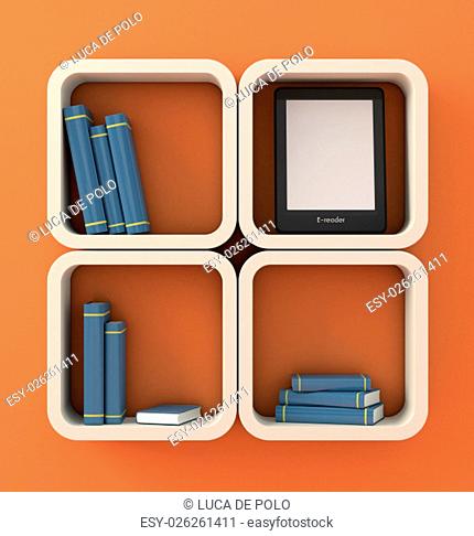 modern bookshelf with some books and an ebook reader (3d render)