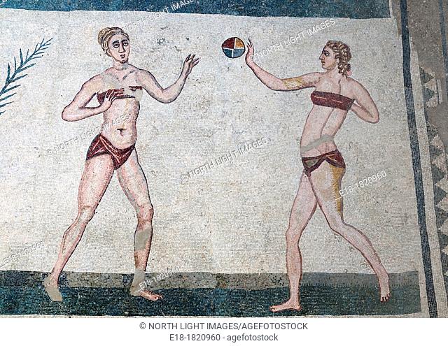 Italy, Sicily, Piazza Armerina  Roman era mosaic of two women playing with a ball in the Villa Romana del Casale  Preserved by mudslide in the 12th century AD