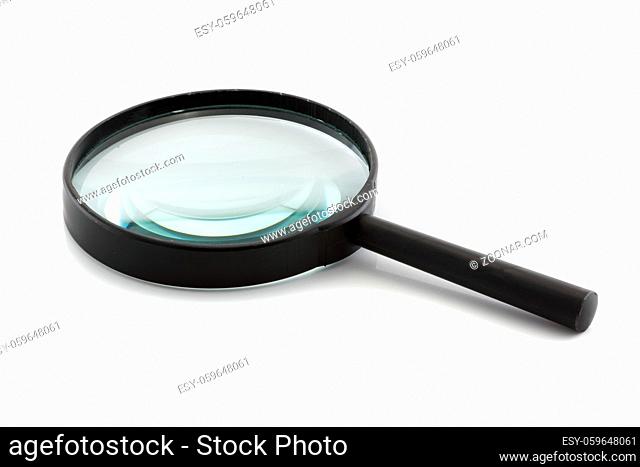 A magnifying glass isolated on white with blue lens refraction