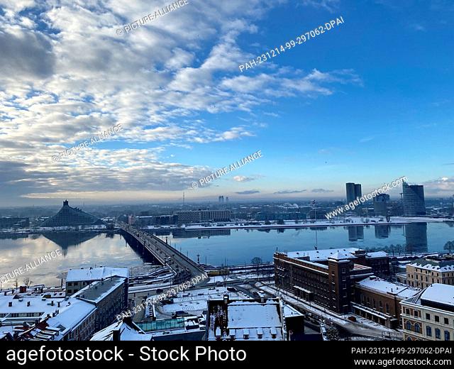 14 December 2023, Latvia, Riga: Panoramic view of the Daugava and the Latvian National Library from St. Peter's Church. Photo: Alexander Welscher/dpa