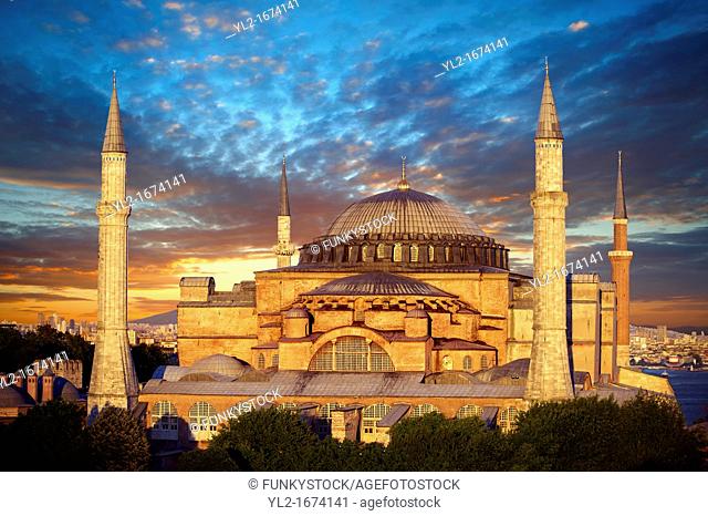 The exterior of the 6th century Byzantine Eastern Roman Hagia Sophia  Ayasofya  at sunset, built by Emperor Justinian  The size of the dome was un-surpassed...