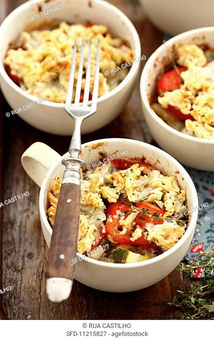 Vegetable bake with courgettes, aubergines, tomatoes, Roquefort and breadcrumbs