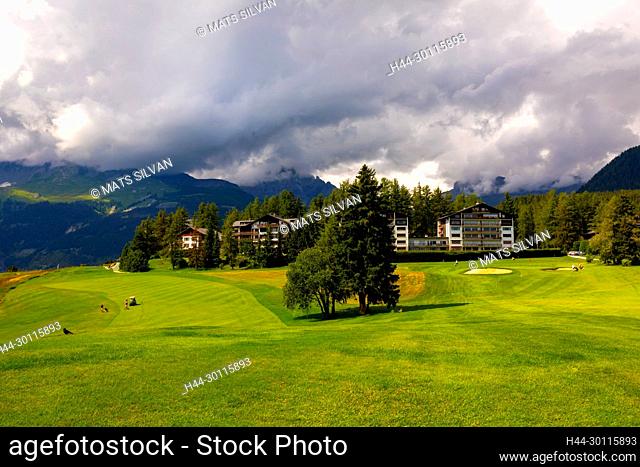 Crans Sur Sierre Golf Course with Hole 7 and 8 and Mountain View in Crans Montana in Valais, Switzerland