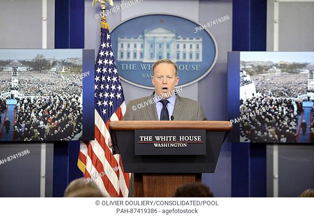 White House press secretary Sean Spicer delivers angry remarks as he speaks in the press briefing room January 21, 2017 in Washington, DC