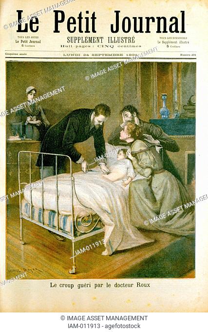 Emile Roux treating a sick child by administering an abdominal injection. The procedure could apply to Diptheria to Croup
