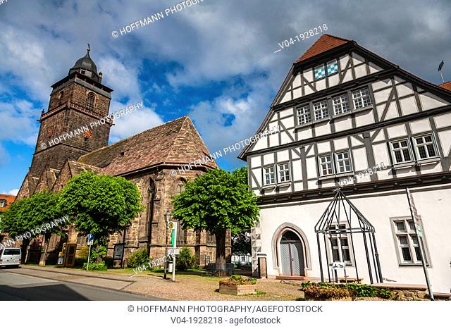 Picturesque parish church and timbered house in Grebenstein, Hesse, Germany, Europe