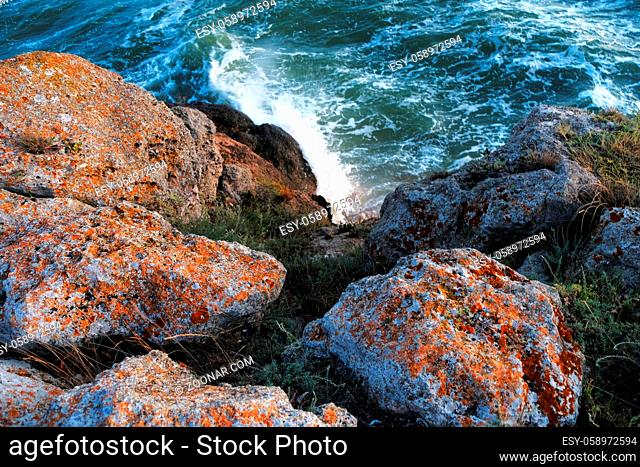 Stormy sea and rocks abov view