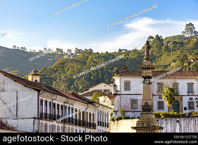 Historic buildings and monuments in the central square of the city of Ouro Preto in Minas Gerais state, Brazil