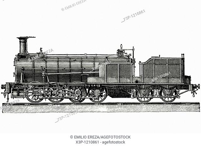 Steam locomotive Engerth  Antique illustration  1882