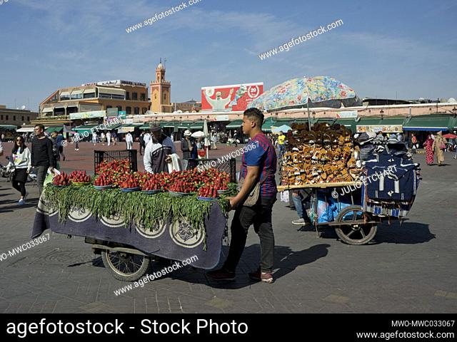 Tourists and traders at the Jemaa el-Fnaa square and market place in Marrakesh, Morocco