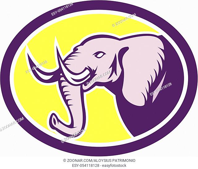 Illustration of an angry elephant head with tusks viewed from side on isolated background set inside oval done in retro style