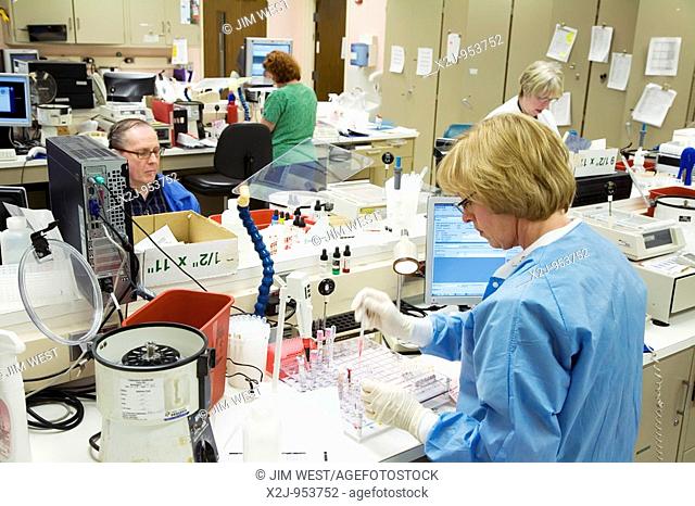 Detroit, Michigan - Technicians at the Detroit Medical Center perform blood tests ordered by doctors