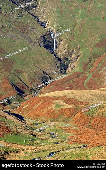 View of the valley of the falls with waterfall in the distance, Cautley Crag and Yarlside with Cautley Spout in between, Sedbergh, Howgill Fells, Cumbria