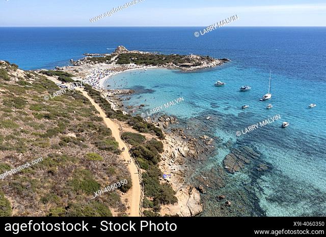 Aerial view of Punta Molentis Beach near the popular resort town of Villasimius in Sardinia.