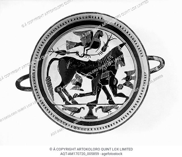 Terracotta kylix (drinking cup), Archaic, ca. 550 B.C., Greek, Laconian, Terracotta; black-figure, Overall: 5 x 10 1/8in. (12.7 x 25