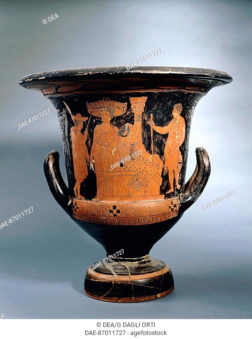 Greek civilization, Sicily fifth century BC Attic krater with conversation on the threshold of the Temple. From the Fusco necropolis