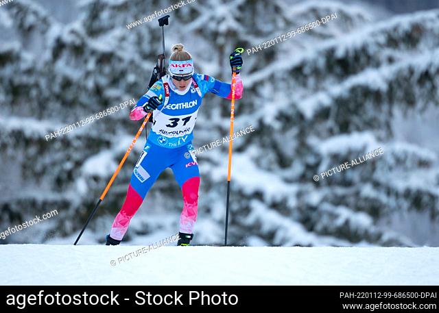 12 January 2022, Bavaria, Ruhpolding: Biathlon: World Cup, sprint 7.5 km in Chiemgau Arena, women. Kristina Reztsova from Russia in action