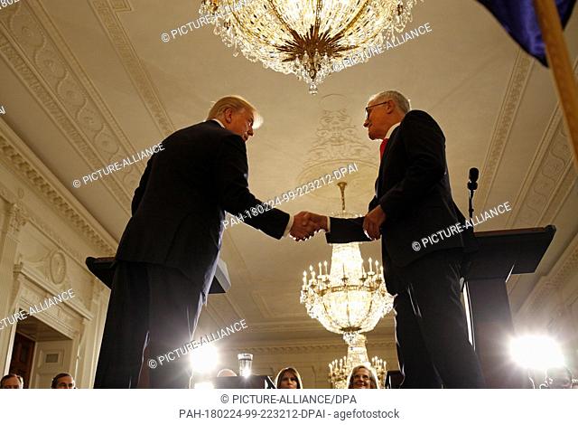 United States President Donald J. Trump and Prime Minister Malcolm Turnbull of Australia shake hands during their joint news conference with in the East Room of...