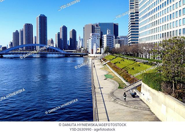 Promenade along Sumida river, IBM Hakozaki Facility just on right, IBM Japan headquarters building on the right bank of the Sumida River