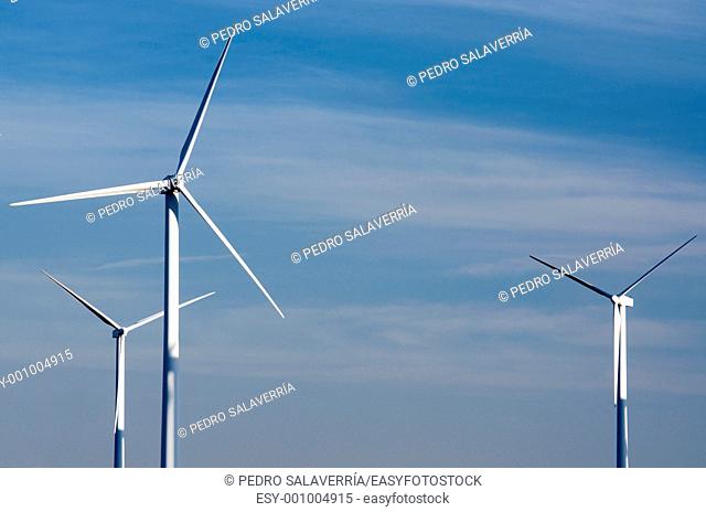 view of two windmills for renewable electric energy production, Pozuelo de Aragon, Saragossa province, Aragon, Spain