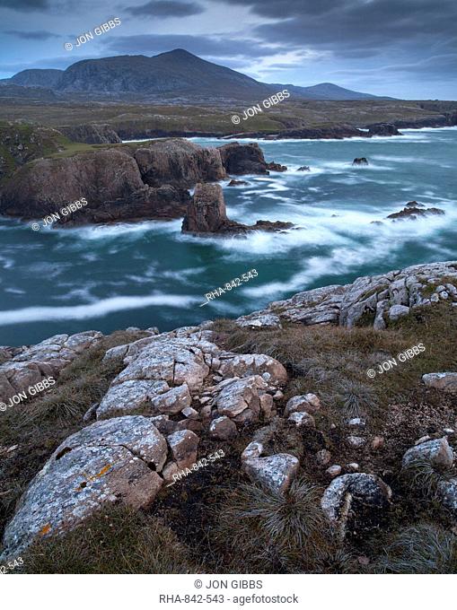 A stormy evening on the dramatic coastline at Mangersta, Isle of Lewis, Outer Hebrides, Scotland, United Kingdom, Europe