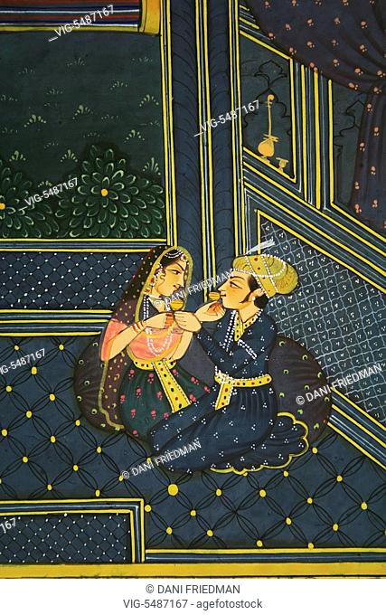 INDIA, JAIPUR, 19.08.2009, A miniature Mughal painting depicting a royal couple in love drinking wine on the palace terrace