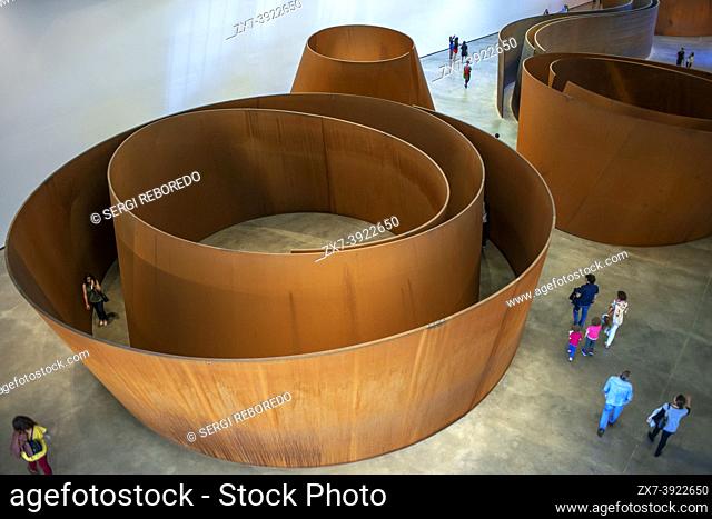 Inside one of the gallery of Guggenheim Museum, Bilbao, Euskadi, Basque Country, Spain. La materia del tiempo The matter of time of Richard Serra.