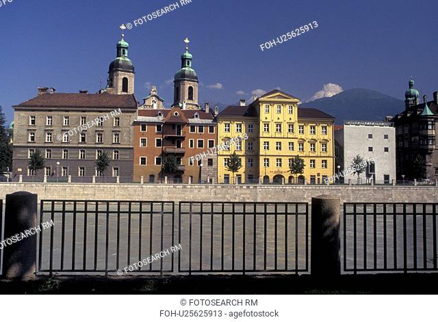 Austria, Innsbruck, Tirol, St. Jacob's Cathedral and buildings along the Inn River in the city of Innsbruck