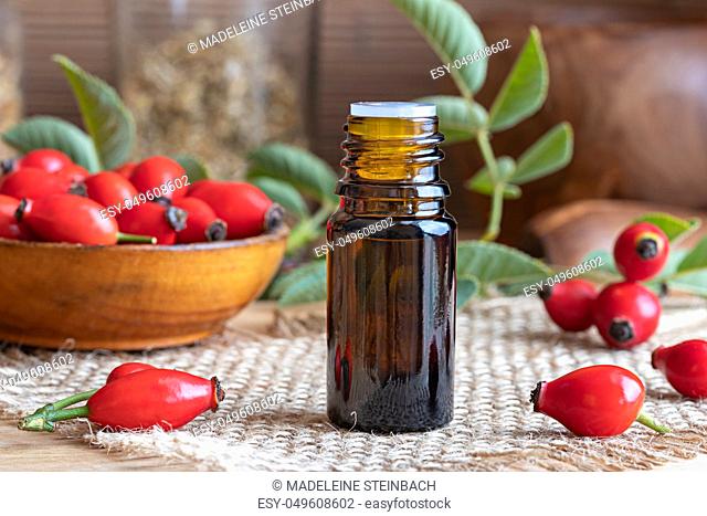 A bottle of rosehip seed oil with fresh hips