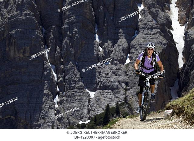 Mountain bike rider on a trail in the Parco naturale Fanes-Sennes-Braies, Veneto, South Tyrol, Italy, Europe