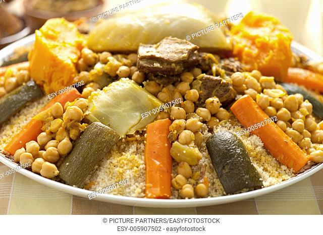 Moroccan couscous dish close up