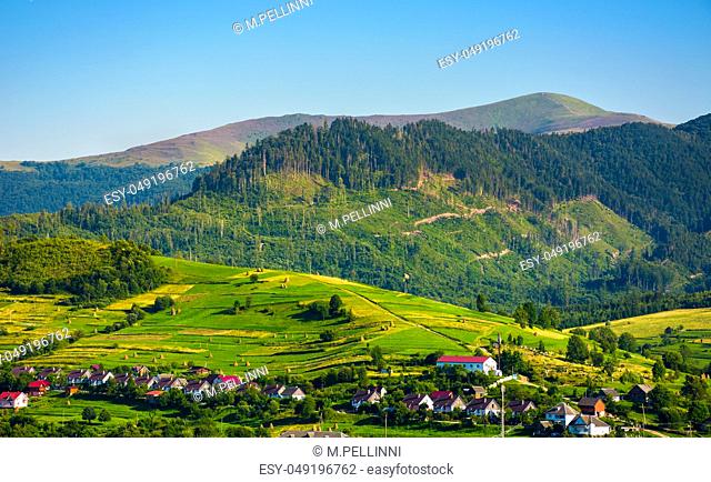 rural area in mountains at sunset. lovely summer landscape of Volovets town, Ukraine. mountain Velykyi Verkh is seen in the far distance