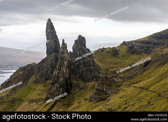 Great Britain, Scotland, Inner Hebrides, Isle of Skye, Trotternish, Old Man of Storr on a cloudy day