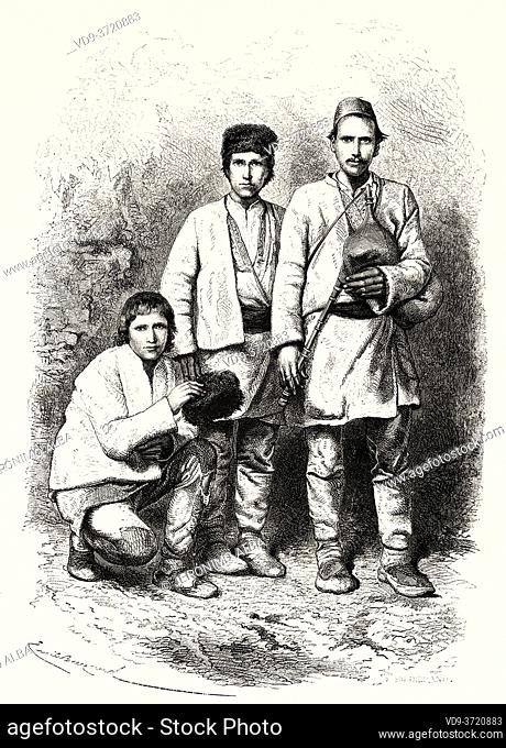 Bulgarian peasants from Samakov, Bulgaria. Old 19th century engraved illustration. Travel to Bulgaria by Guillaume Lejan from El Mundo en La Mano 1879