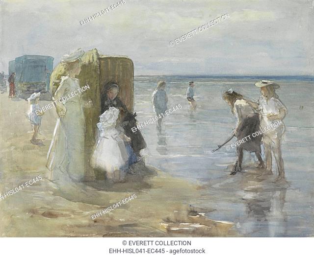 Beach of Scheveningen, with Two Ladies and Children, by Johan Antonie de Jonge, c. 1890-1920. They are on the tide line with a large wicker beach chair