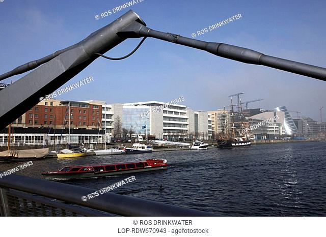 Republic of Ireland, Dublin, Dublin, North Wall, Dublin Docklands from the Millennium Bridge over the River Liffey