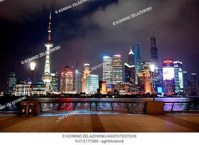 night view on Pudong skyline seen from the Bund, Shanghai, China