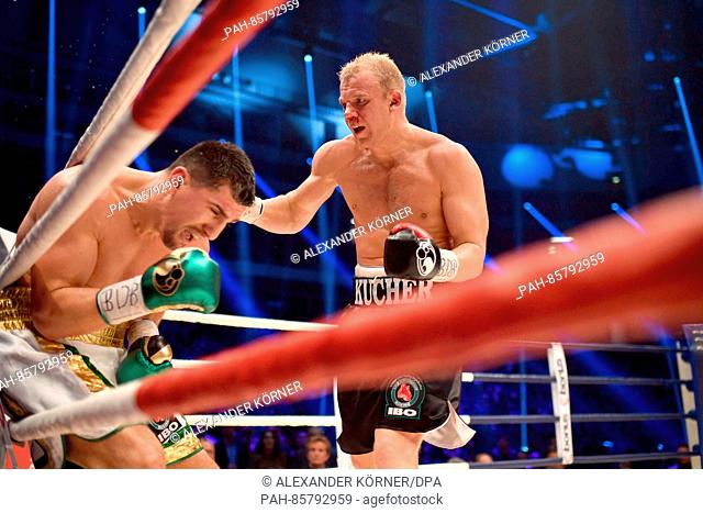 IBO World Champion Marco Huck (l) and Dmitro Kutscher from Ukraine in action during the IBO Cruiserweight Championship at TUI-Arena in Hanover, Germany