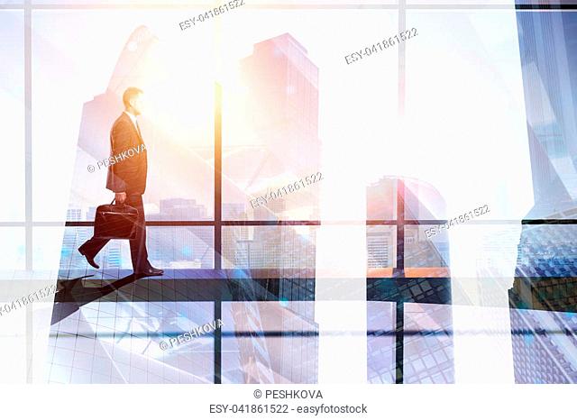 Success and occupation concept. Businessman walking on abstract city background with copy space. Toned image. Double exposure