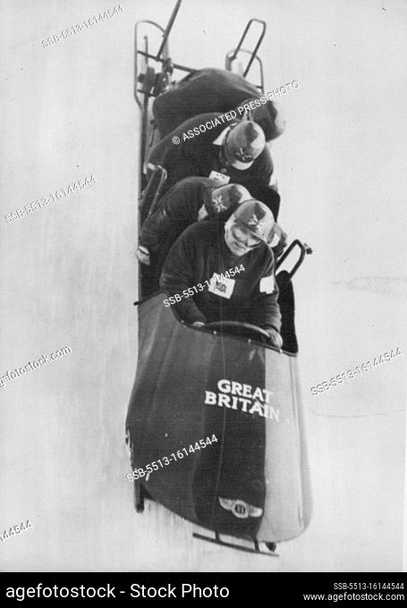 British at Cortina. Keith Schellenberg drives the British four-man bobsled down the Cortina Olympic run during a practice today, January 31