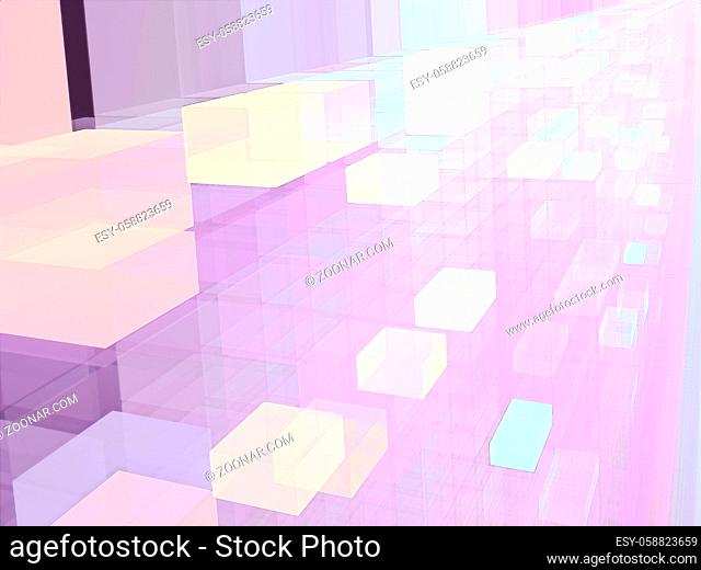 Abstract pale background - flying colored cubes. Computer-generated 3d illustration. Information and communication concept