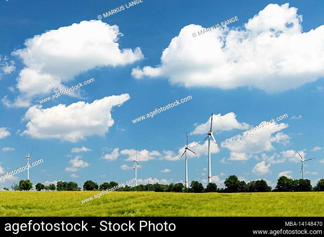 wind turbine on a grain field, hohenlohe, baden-württemberg, germany