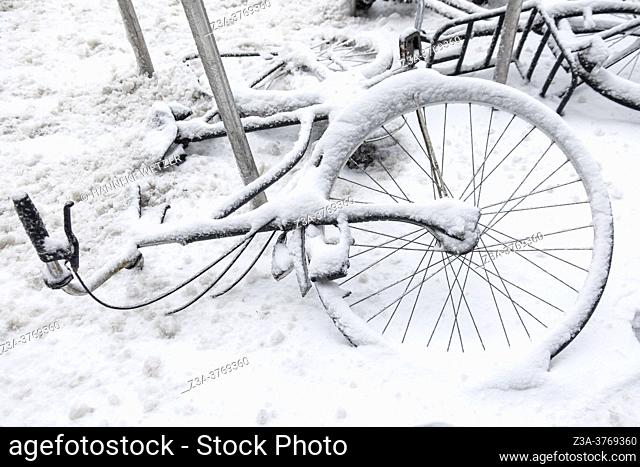 Undersnowed bicycles, Eindhoven, The Netherlands, Europe