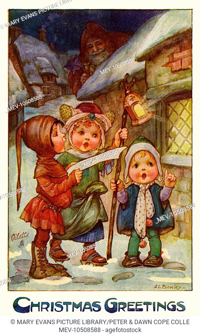 Three children singing Christmas carols