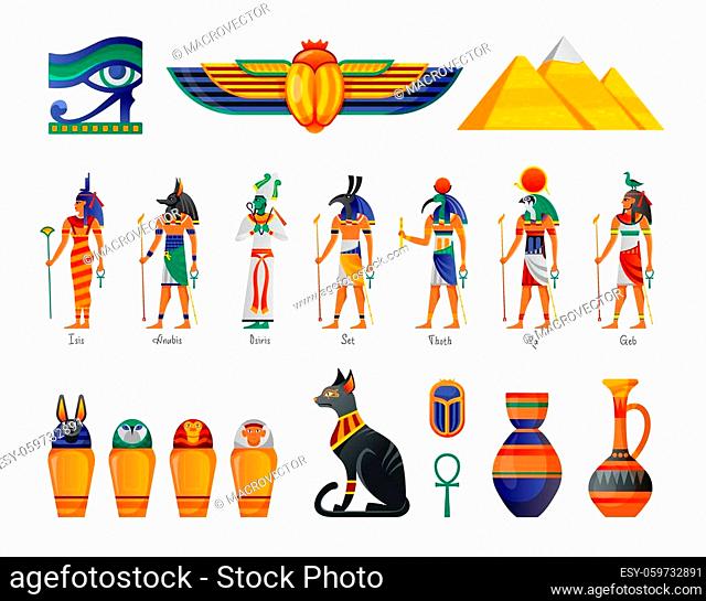 Ancient egypt gods pyramids mummies pottery horus eye protective symbol scarab beetle amulet worshiped cat set vector illustration