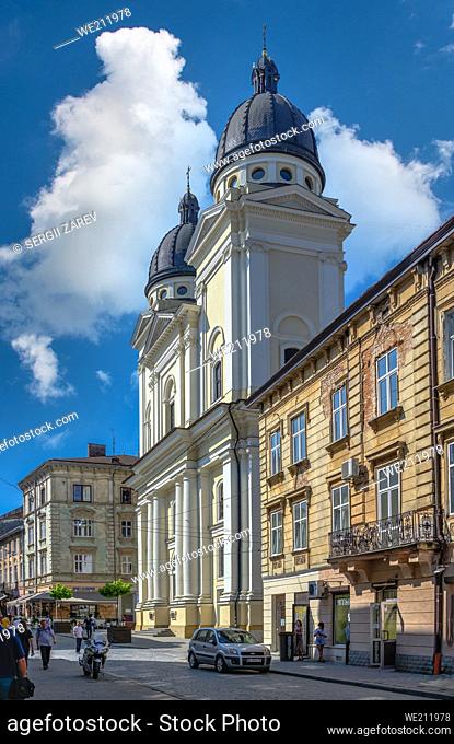 Lviv, Ukraine. Church of the Transfiguration of the Lord in the old town of Lviv, Ukraine, on a sunny summer day