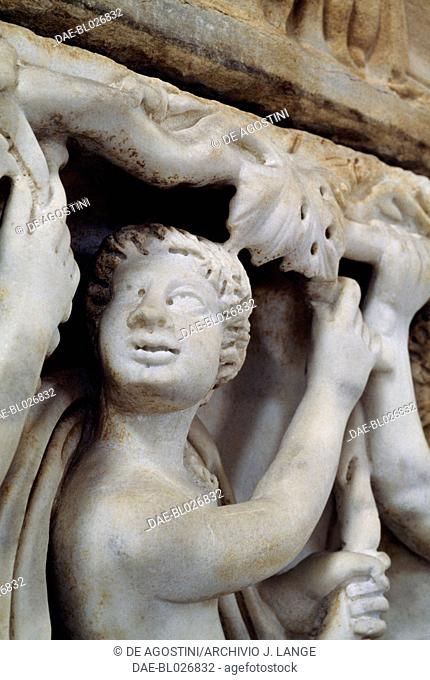Marble sarcophagus with bas-relief depicting a Dionysian scene, detail. Roman civilisation, 3rd century AD.  Rome, Museo Nazionale Romano (National Roman Museum