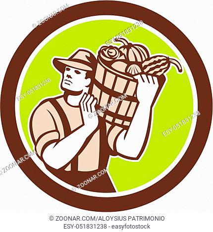 Illustration of organic farmer carrying bucket of harvest crop produce of vegetables on shoulder done in retro style on isolated background